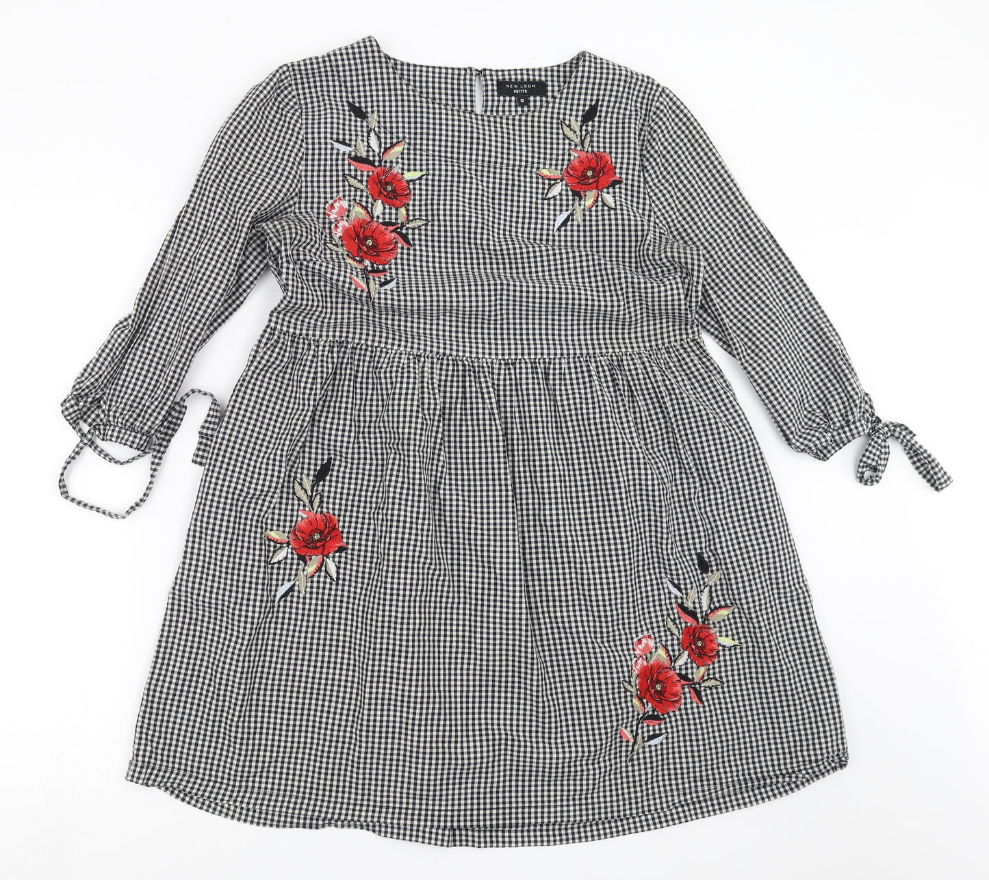 New Look Womens Black Check  Fit & Flare  Size 12  - Floral embroidery