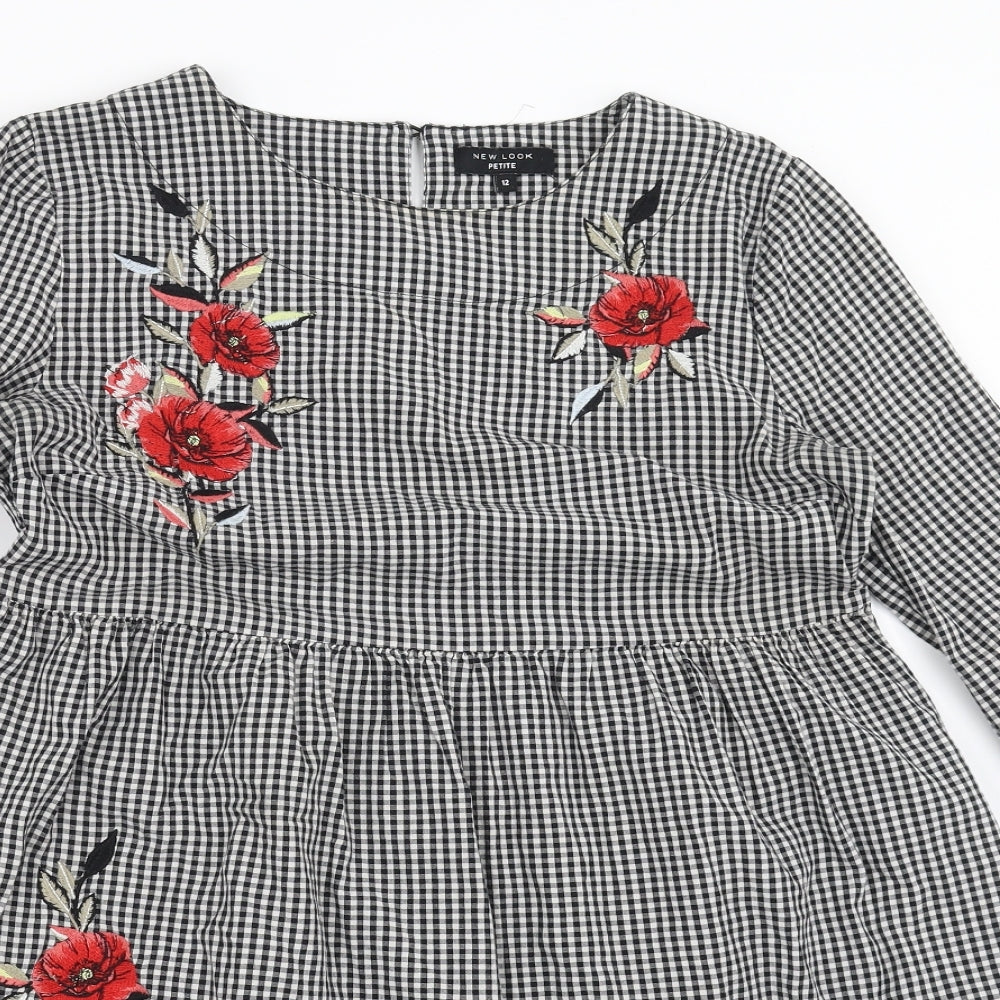New Look Womens Black Check  Fit & Flare  Size 12  - Floral embroidery