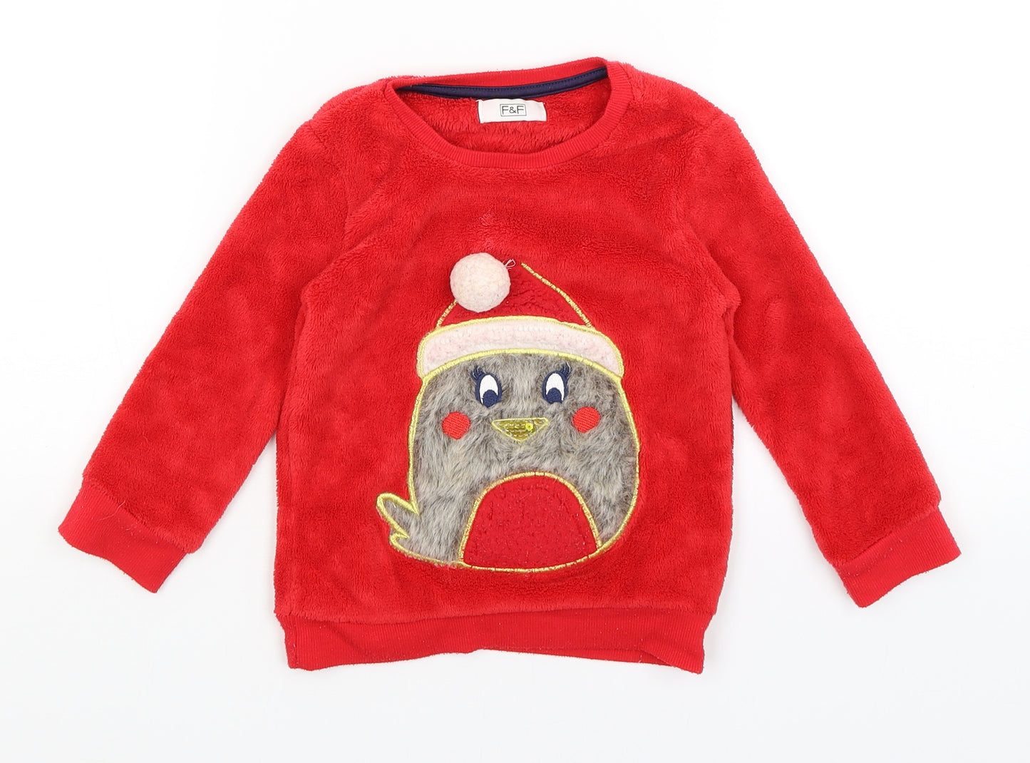 F&F Girls Red   Pullover Jumper Size 3-4 Years  - Xmas Robin