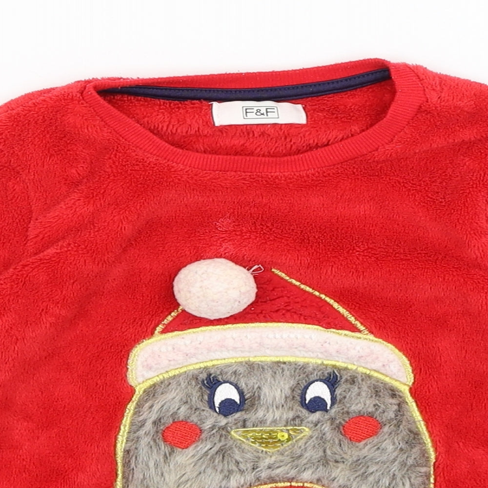 F&F Girls Red   Pullover Jumper Size 3-4 Years  - Xmas Robin