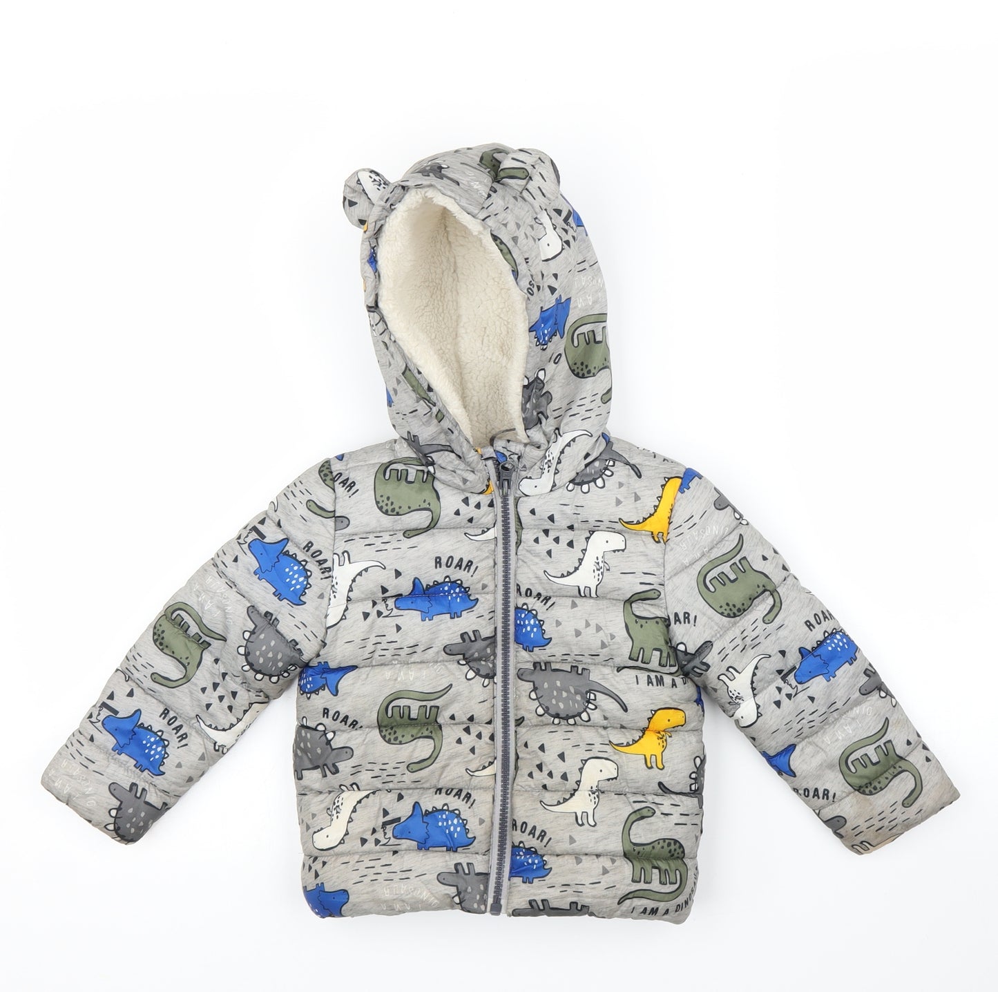 F&F Boys Grey   Puffer Jacket Coat Size 18-24 Months  - Dinsosaur