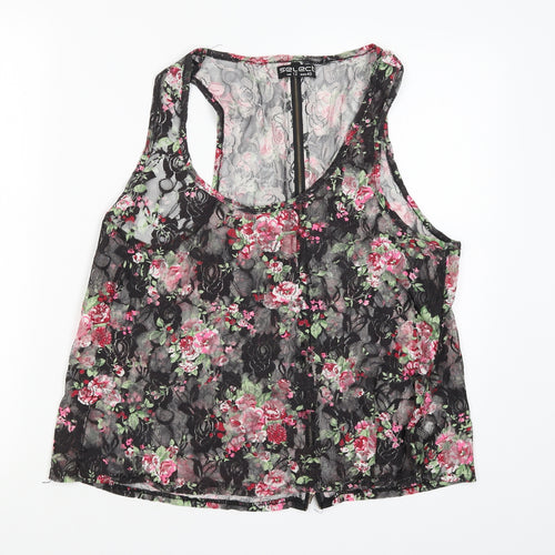 Select Womens Black Floral  Basic T-Shirt Size 12  - Zip back