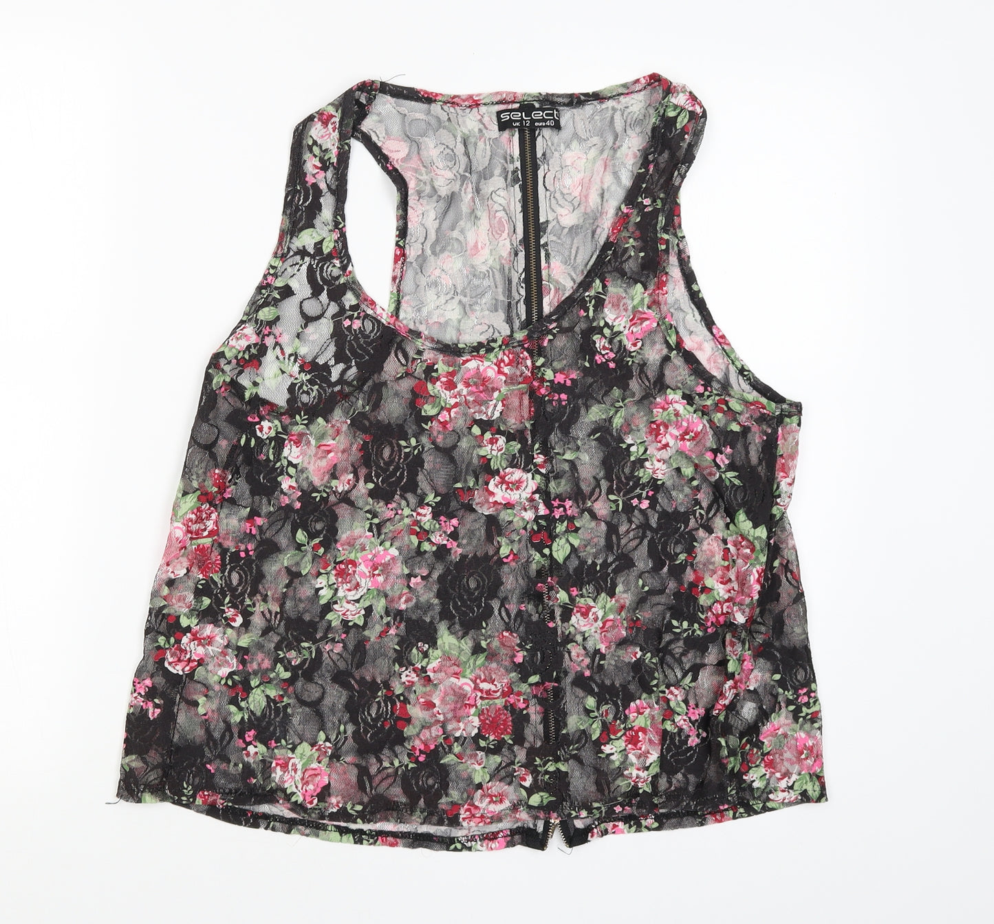 Select Womens Black Floral  Basic T-Shirt Size 12  - Zip back