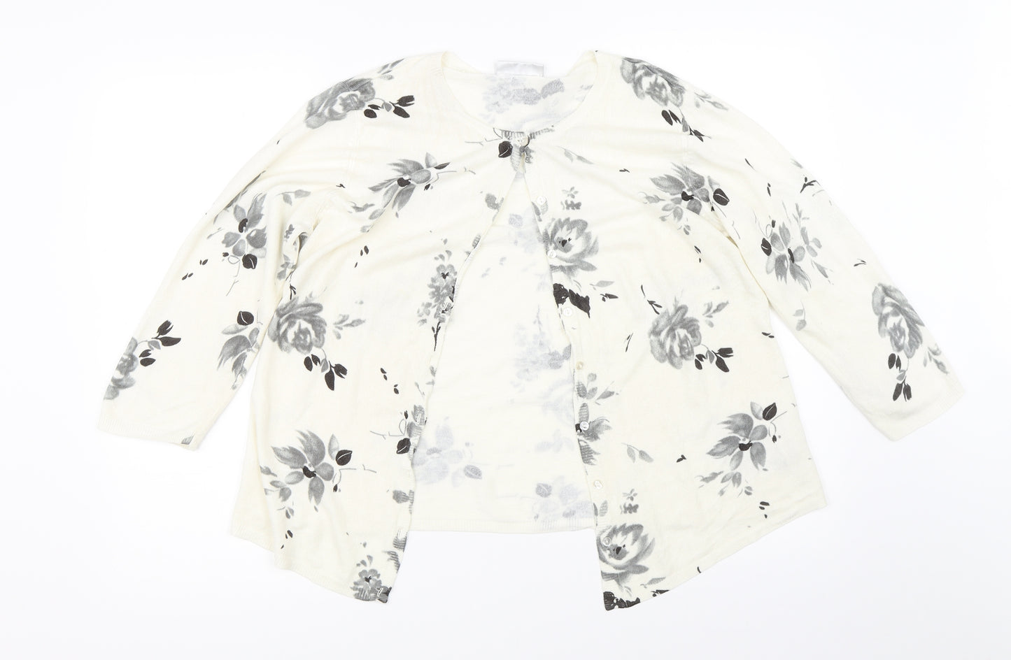 BHS Womens White Floral  Cardigan Jumper Size 16