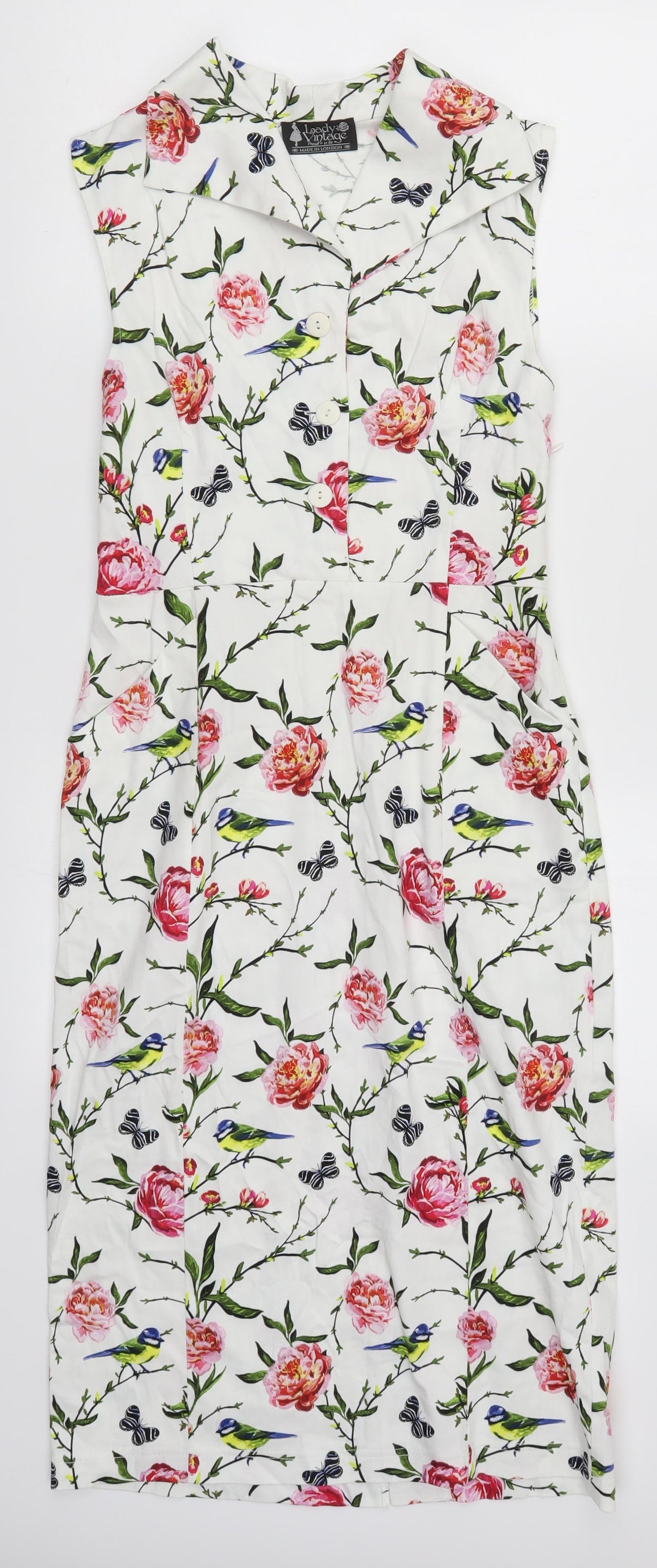 Lady Vintage Womens White Fair Isle  Pencil Dress  Size 10  - Pink Flowers and Birds