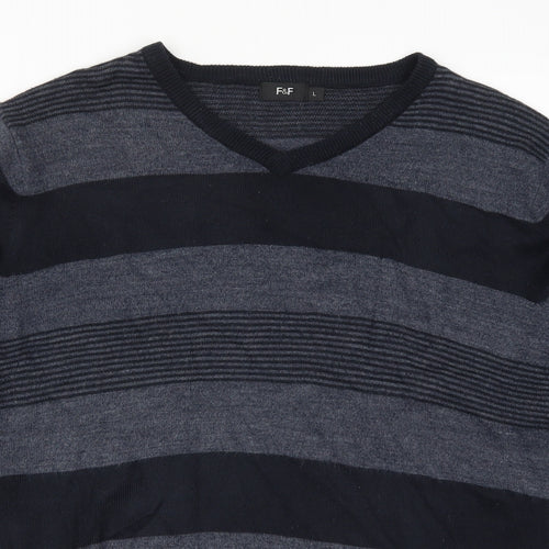 F&F Mens Blue Striped Knit Pullover Jumper Size L