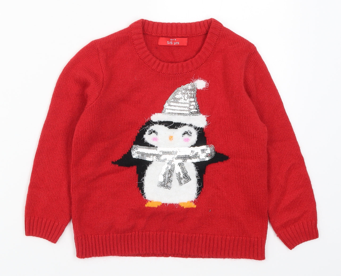 Girls Girls Red  Knit Pullover Jumper Size 5-6 Years  - Christmas Penguin