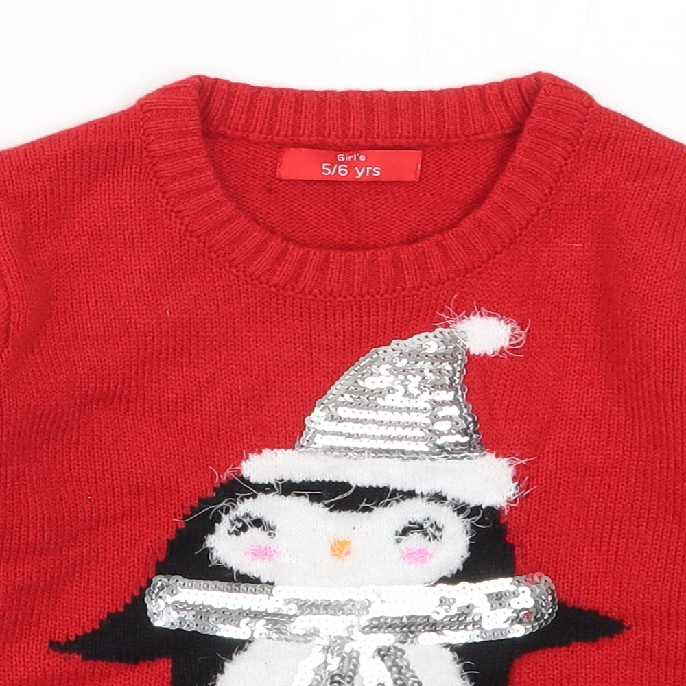 Girls Girls Red  Knit Pullover Jumper Size 5-6 Years  - Christmas Penguin