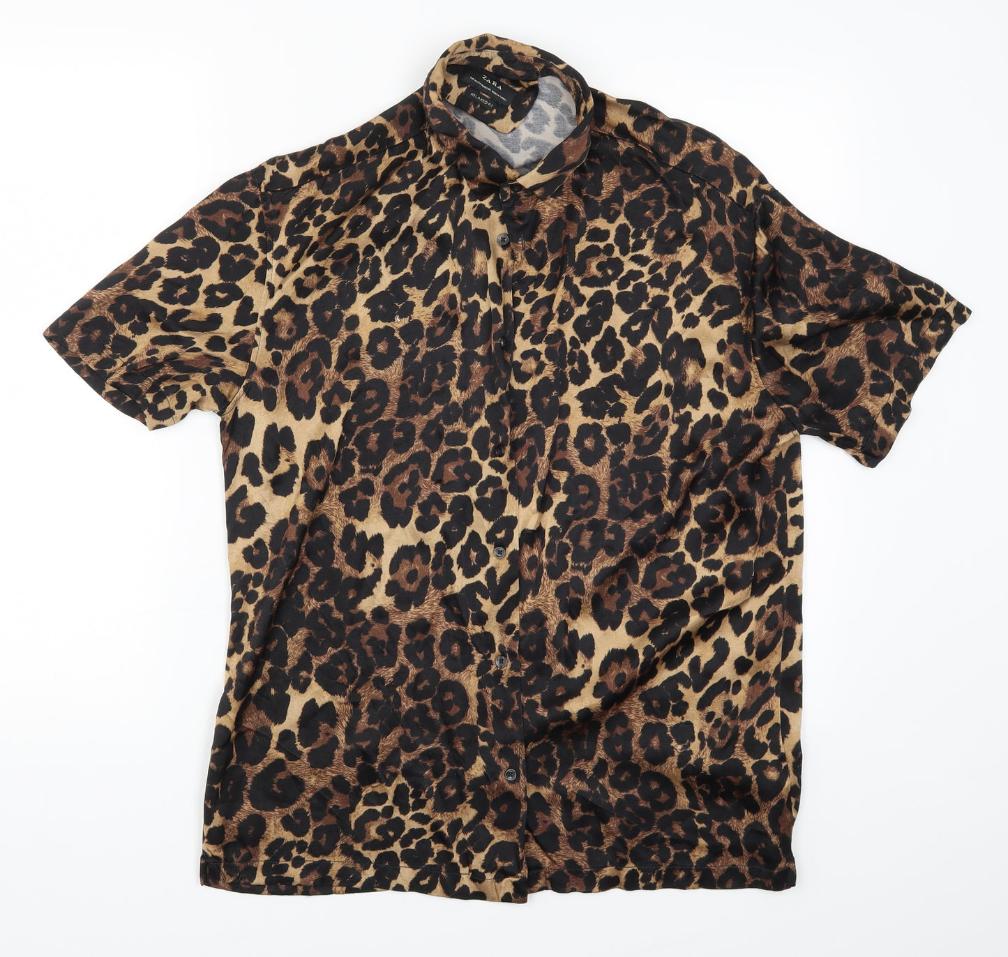 Zara Mens Brown Animal Print   Button-Up Size M