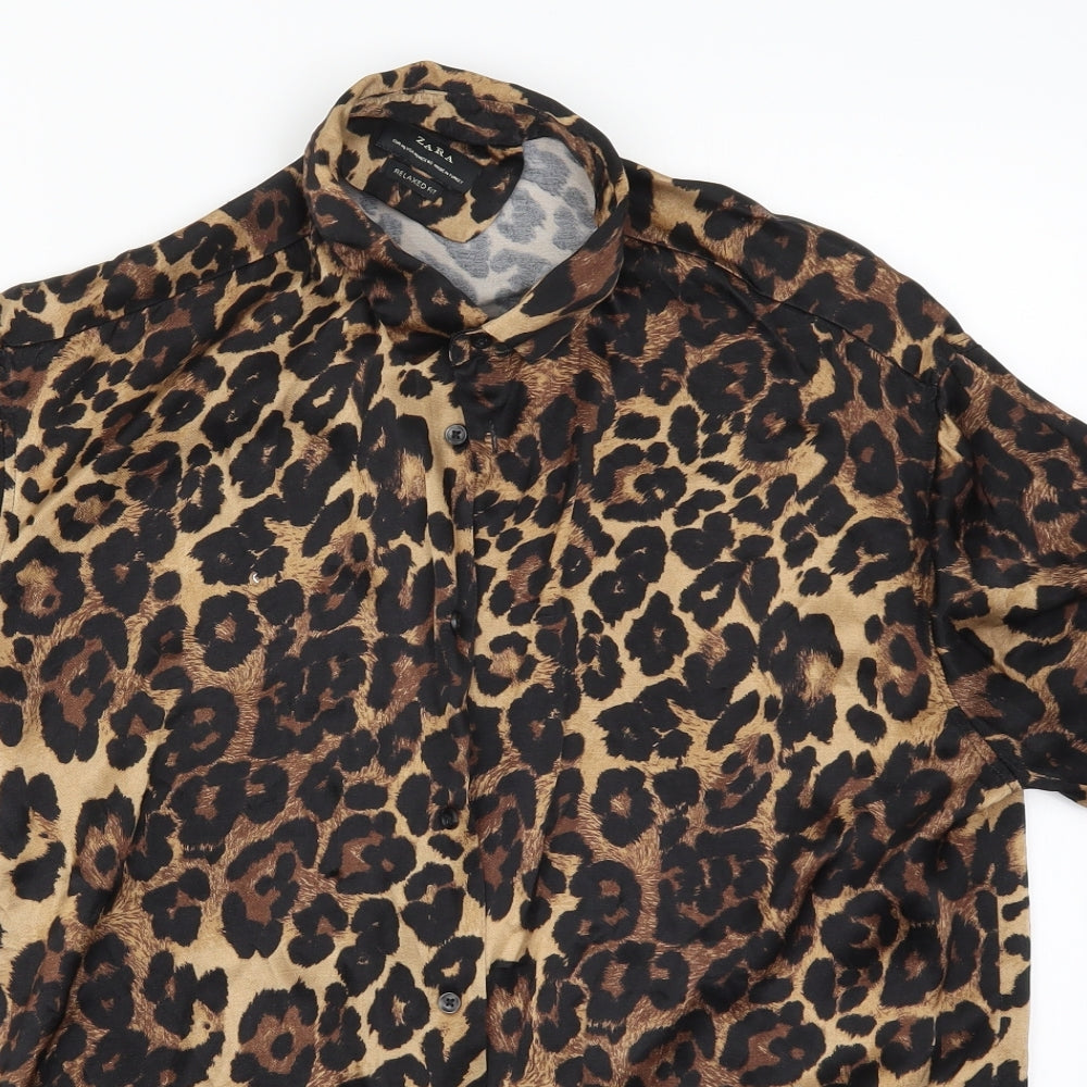 Zara Mens Brown Animal Print   Button-Up Size M