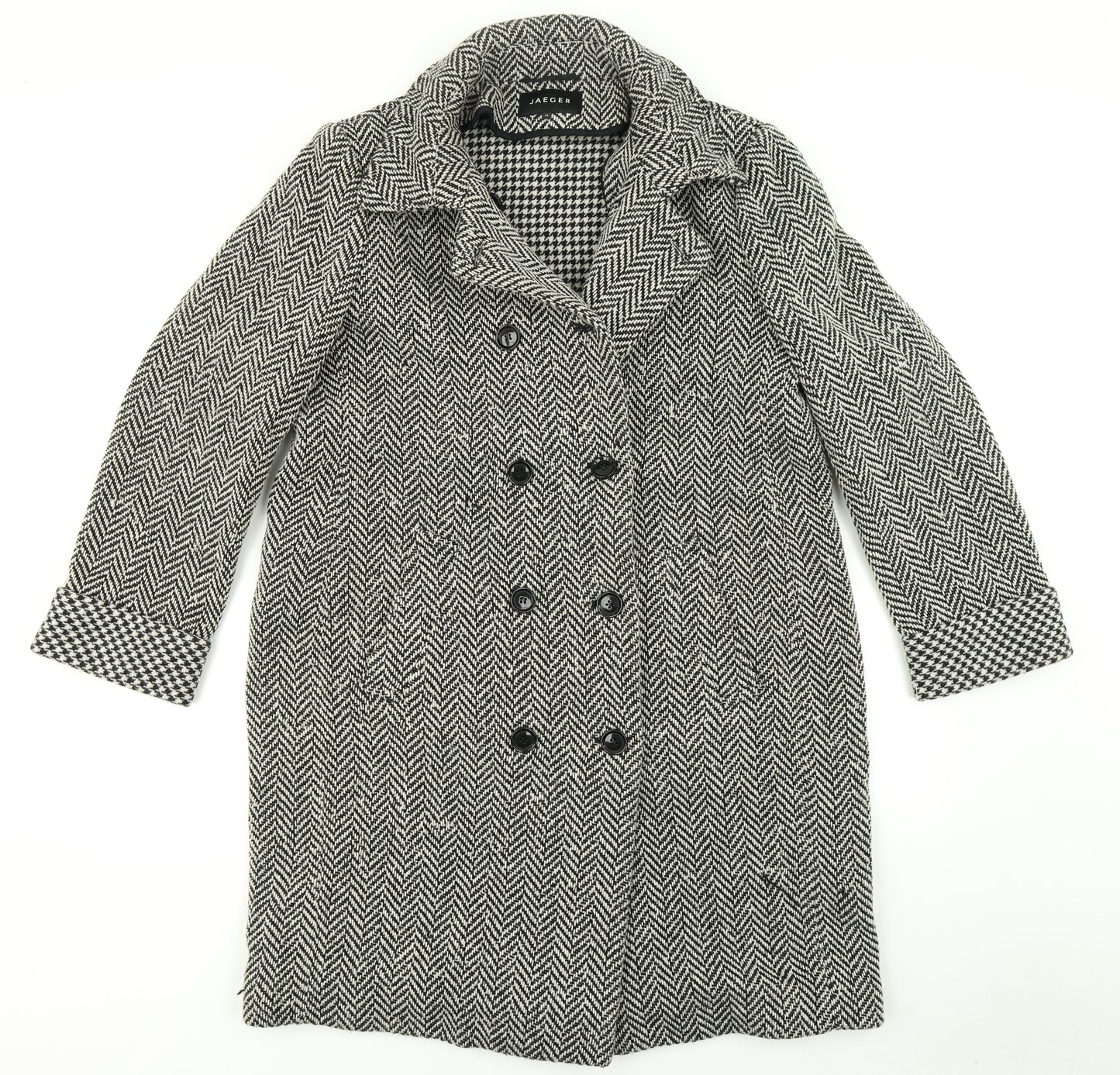 Jaeger Womens Black Herringbone  Overcoat Coat Size 16