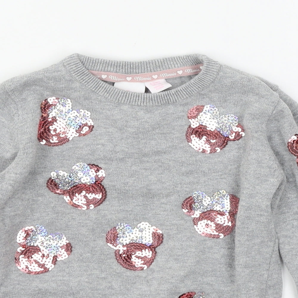 Minnie Mouse Girls Grey  Knit Pullover Jumper Size 4-5 Years