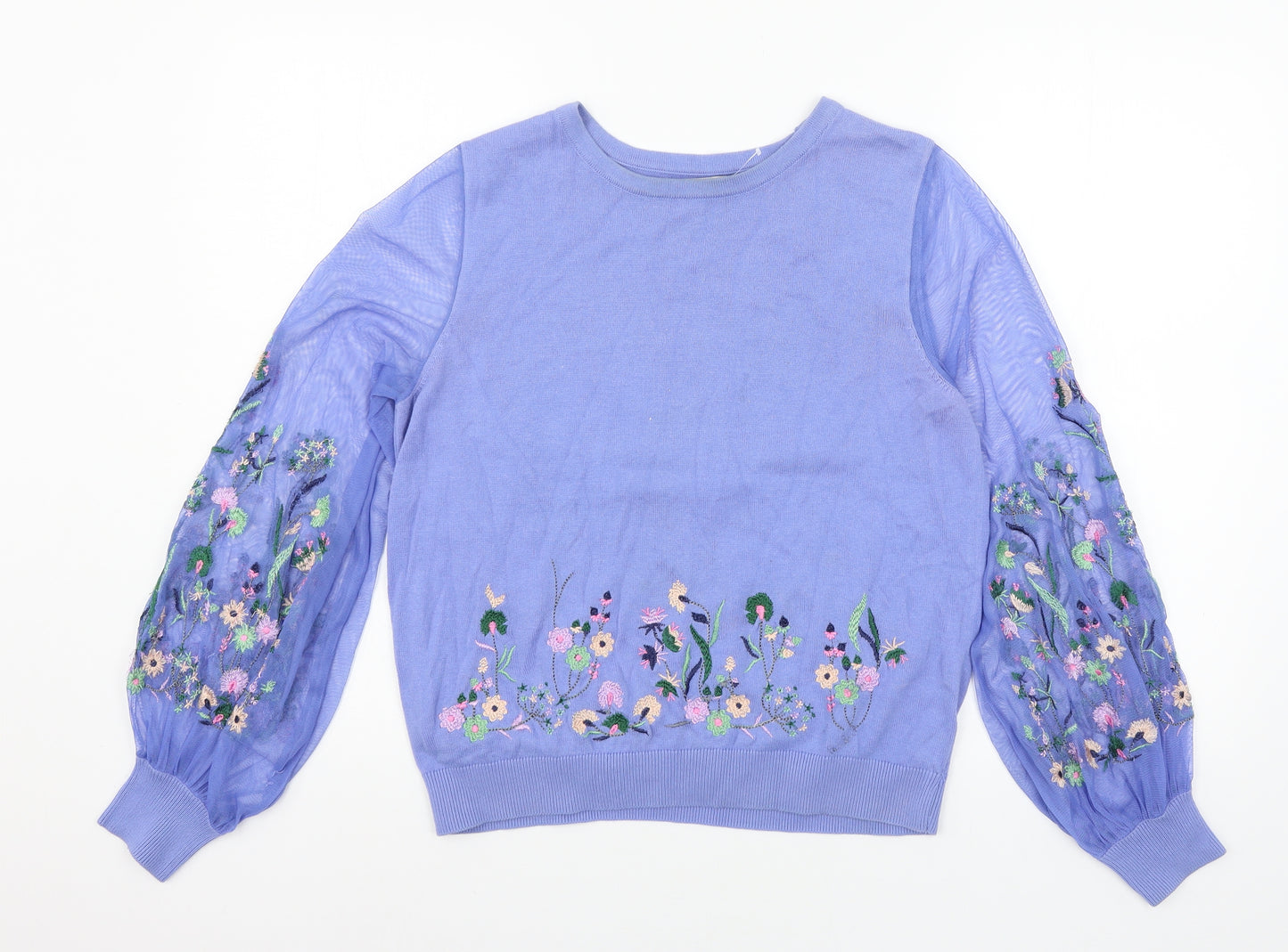 TU Womens Blue Floral Knit Pullover Jumper Size 10