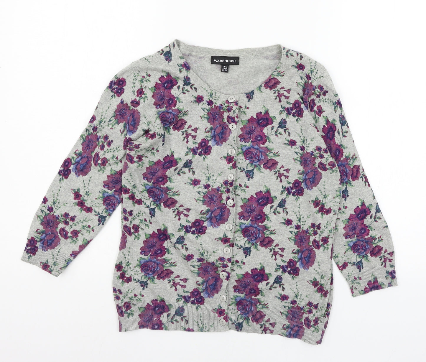 Warehouse Womens Grey Floral Knit Cardigan Jumper Size 12