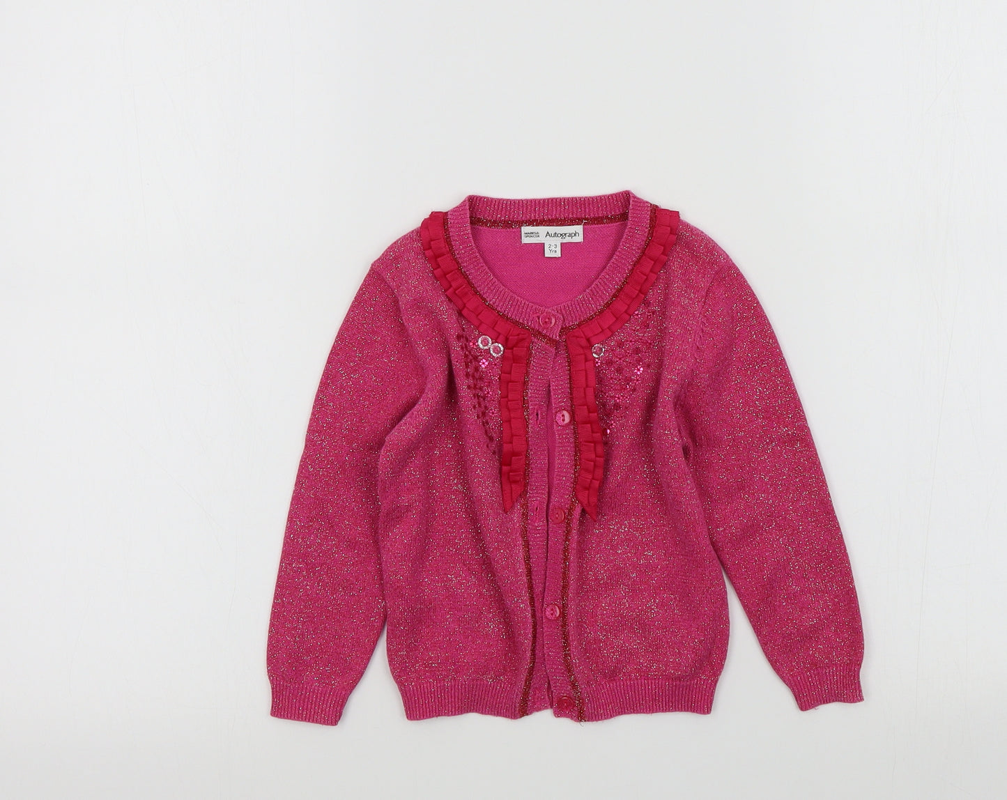 M&S Girls Pink Colourblock  Cardigan Jumper Size 2-3 Years