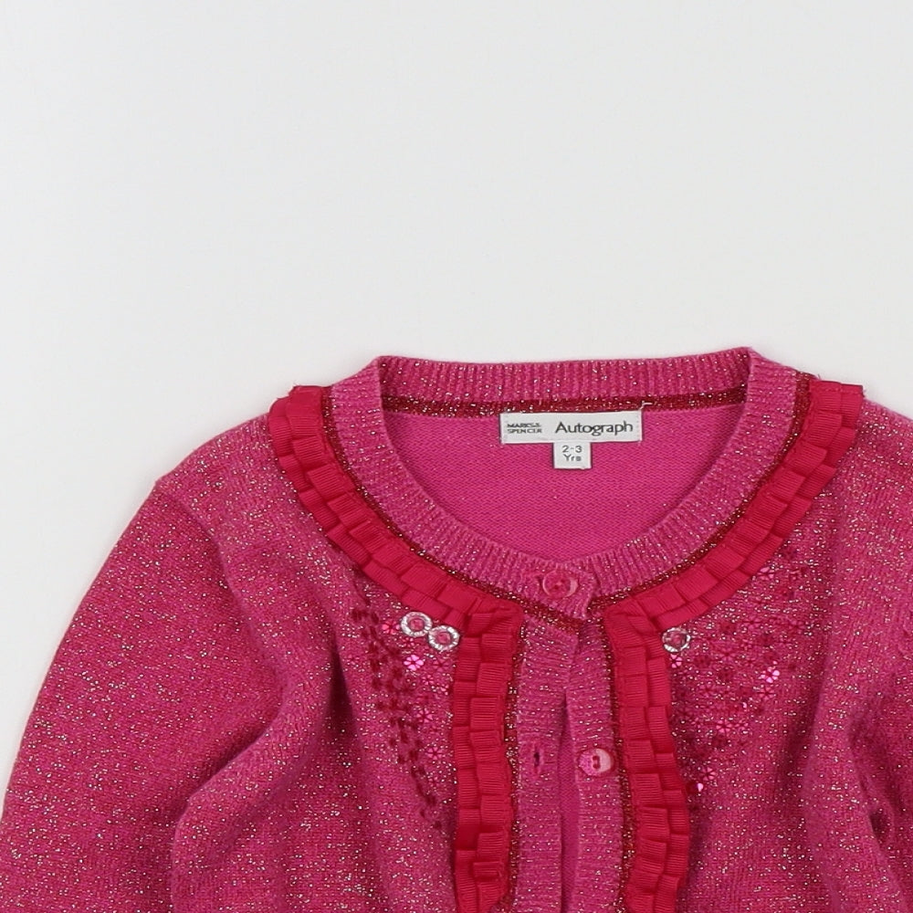 M&S Girls Pink Colourblock  Cardigan Jumper Size 2-3 Years