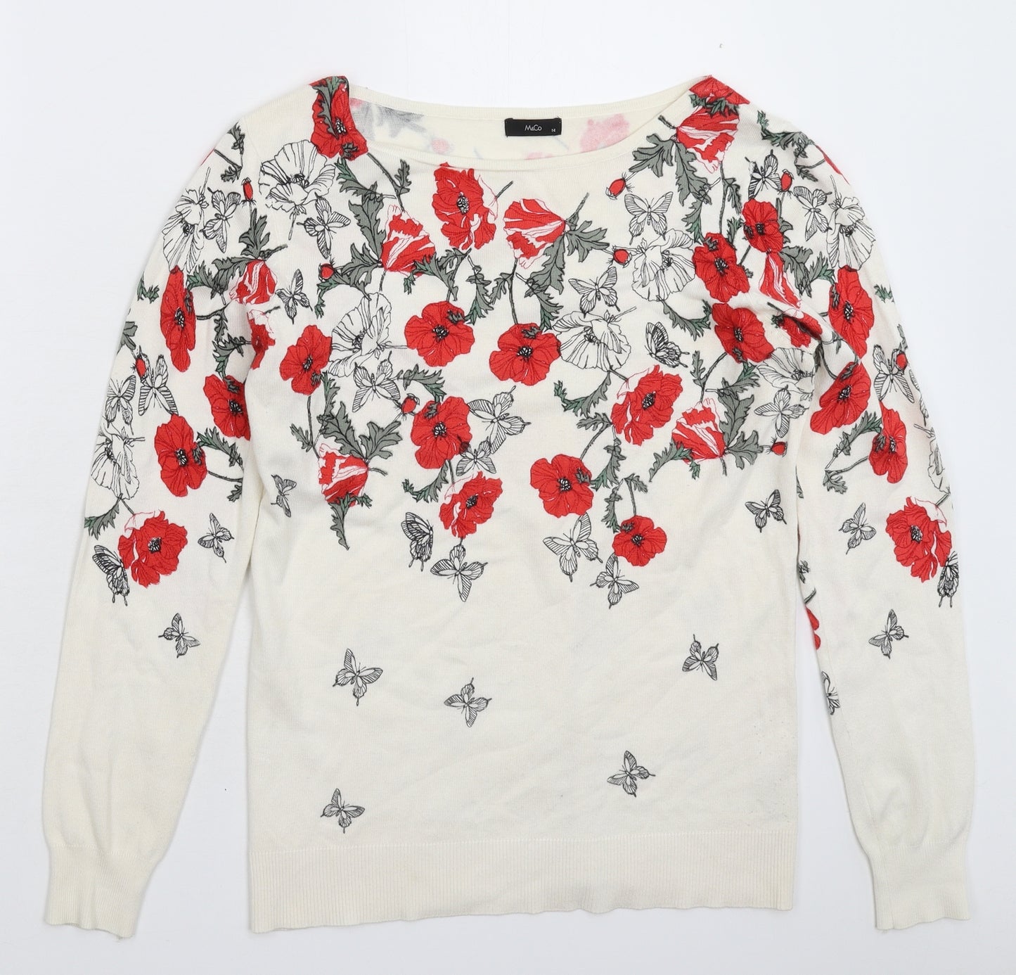 M&Co Womens White Floral Knit Pullover Jumper Size 14