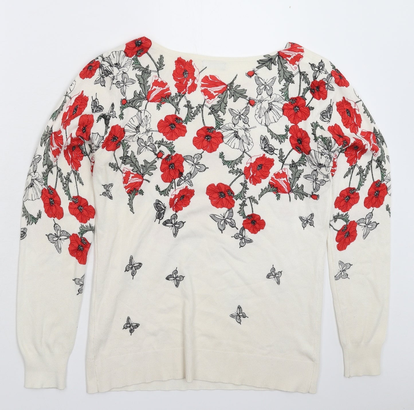 M&Co Womens White Floral Knit Pullover Jumper Size 14