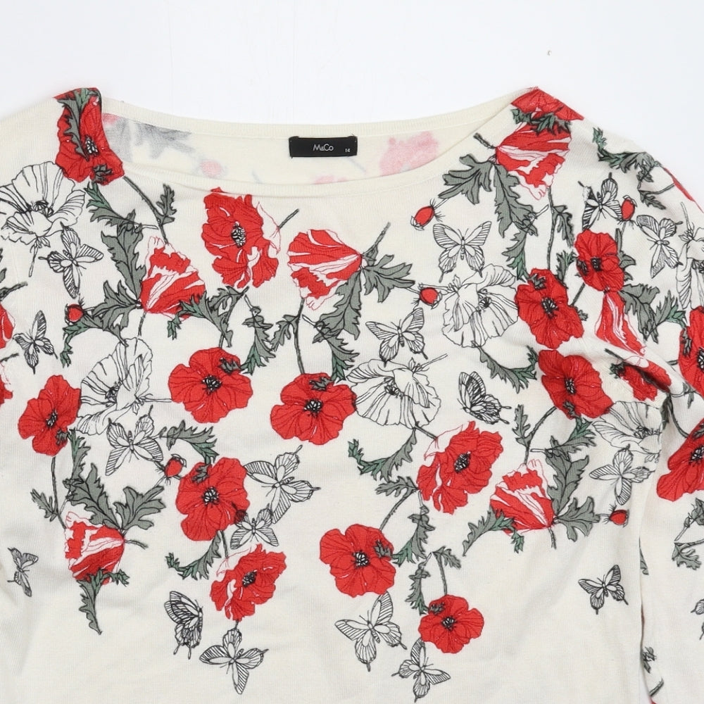 M&Co Womens White Floral Knit Pullover Jumper Size 14