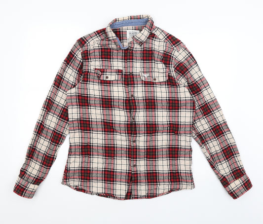 Front view of Morley Trading Co men’s red plaid button-up, size M