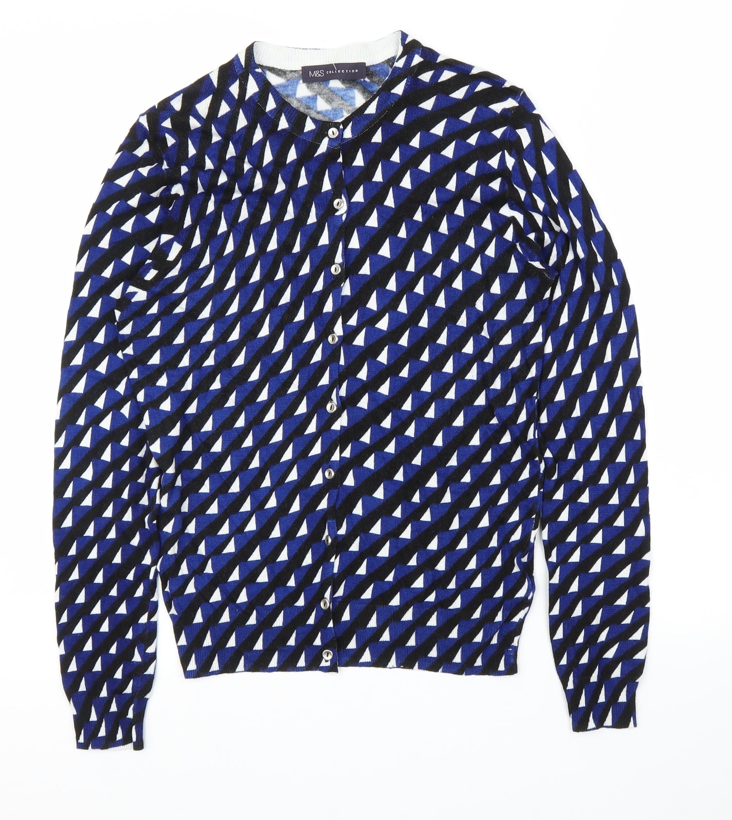 M&S Womens Blue Geometric  Cardigan Jumper Size 10