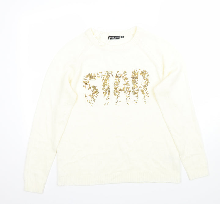 Brave Soul Womens White Pullover Jumper Size 14