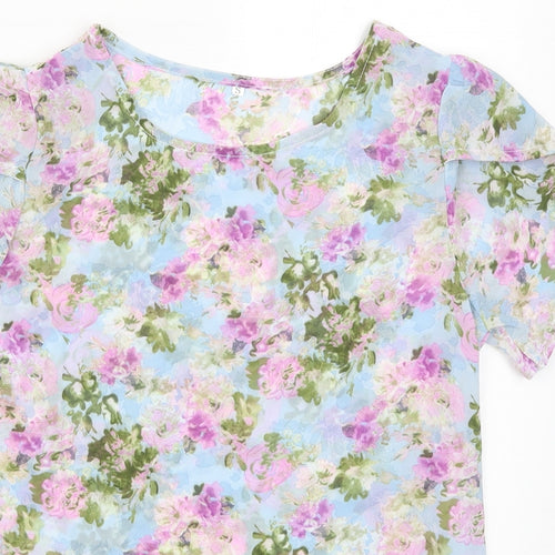 SheIn Womens Blue Floral  Basic T-Shirt Size S  - Purple Flowers