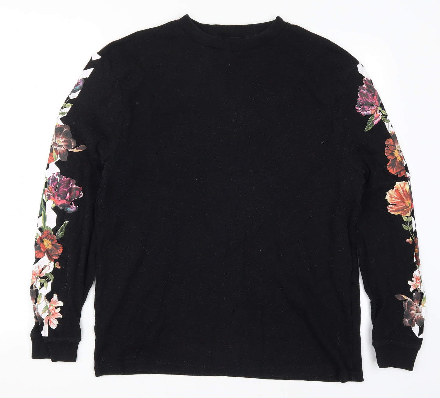 River Island Mens Black Floral  Pullover Sweatshirt Size L  - Flower Sleeves