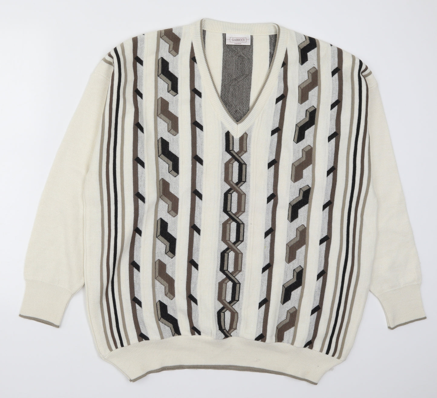 Gabicci Mens Beige Geometric Knit Pullover Jumper Size 2XL