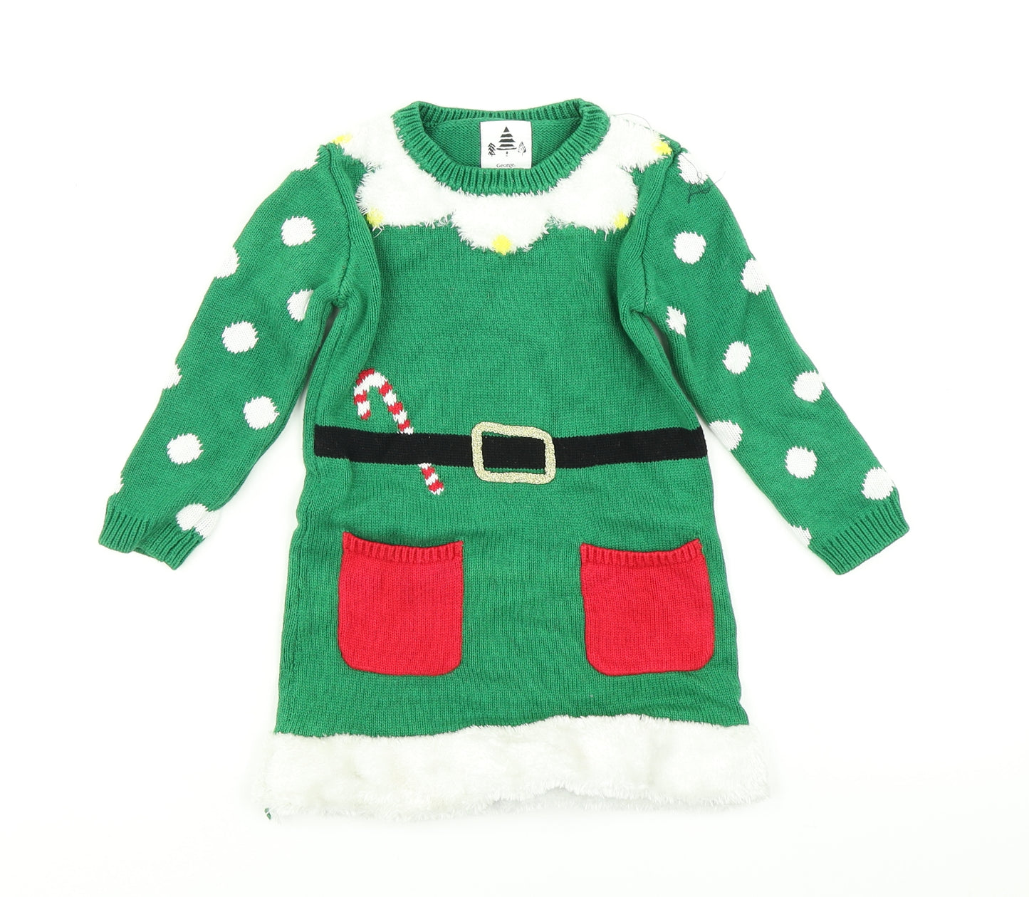 George Girls Green  Knit Jumper Dress  Size 18-24 Months  - Christmas Elf