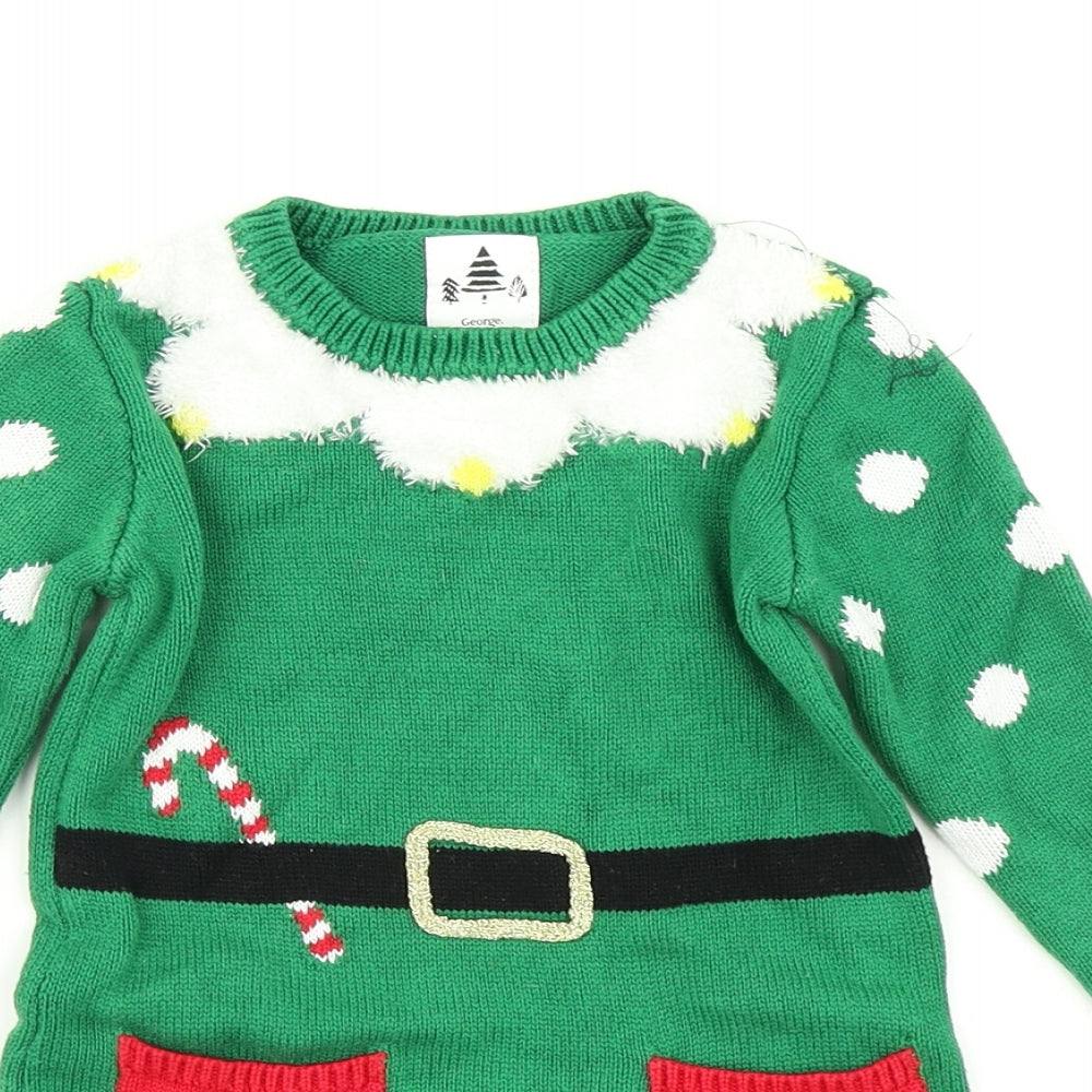 George Girls Green  Knit Jumper Dress  Size 18-24 Months  - Christmas Elf