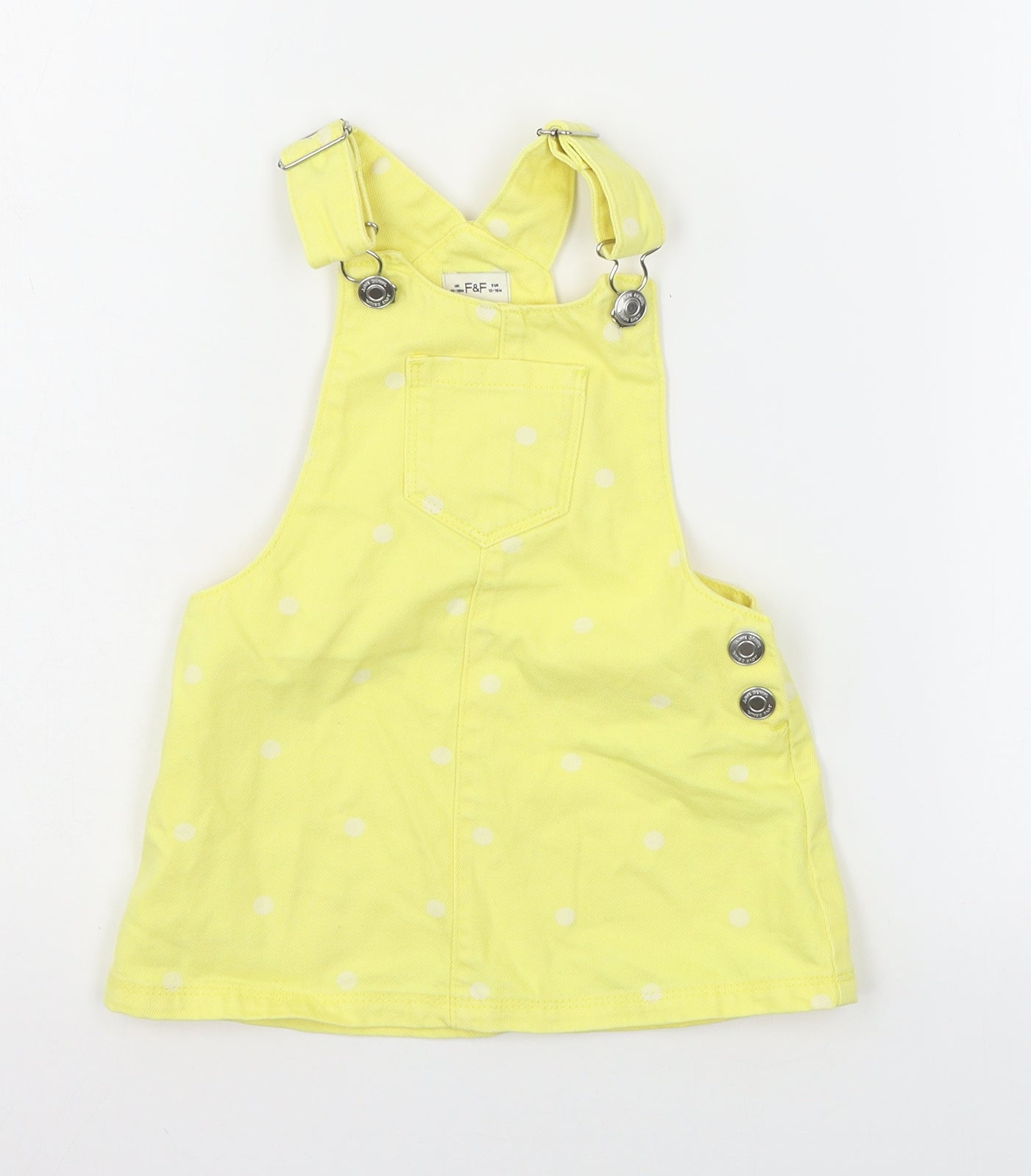 F&F Girls Yellow Polka Dot Denim Pinafore/Dungaree Dress  Size 12-18 Months