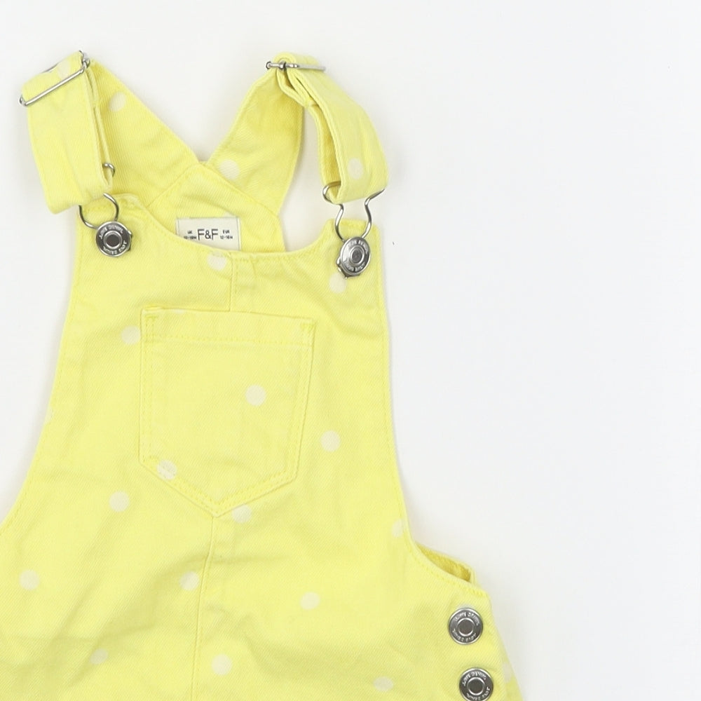 F&F Girls Yellow Polka Dot Denim Pinafore/Dungaree Dress  Size 12-18 Months