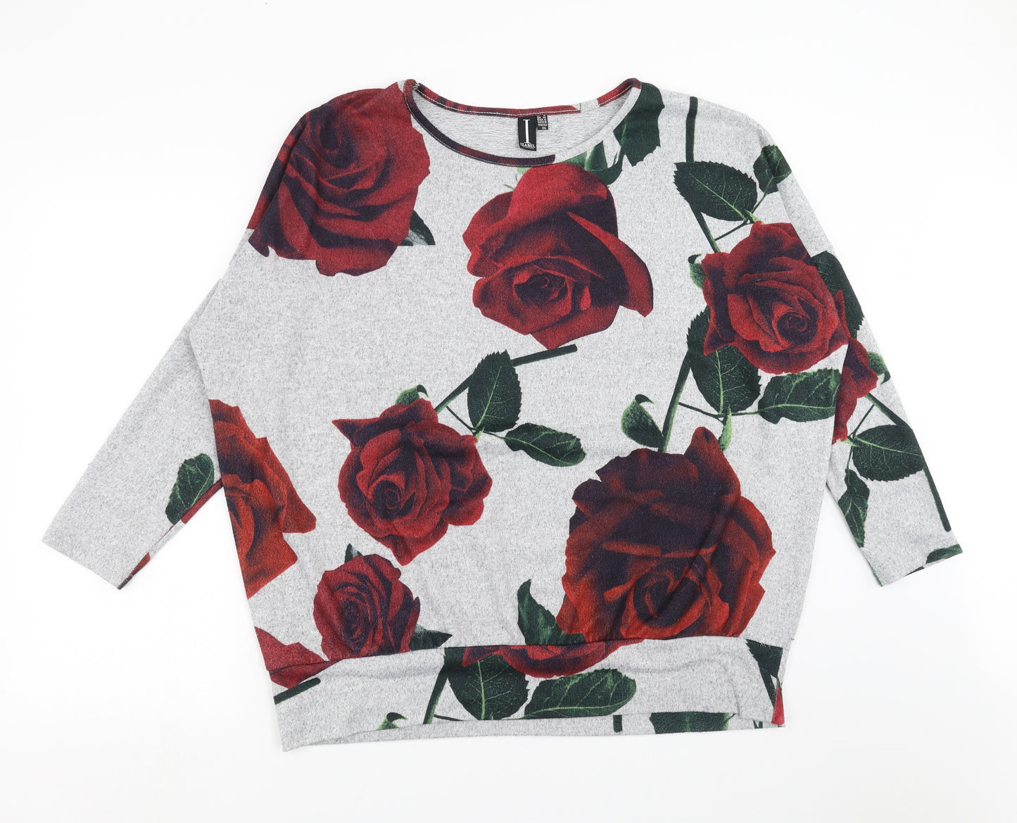 IZABEL Womens Grey Floral Knit Pullover Jumper Size 2XL