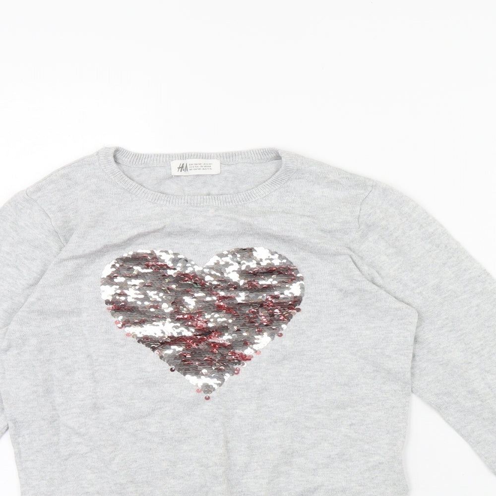 H&M Girls Grey   Pullover Jumper Size 8 Years  - Heart