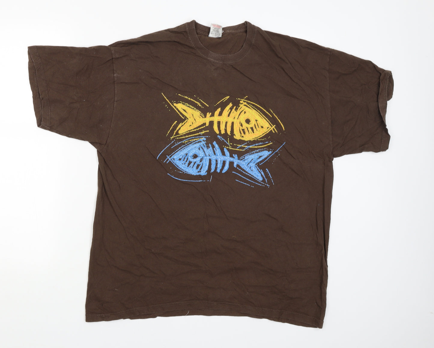 Fruit of the Loom Mens Brown    T-Shirt Size XL  - Fish bones