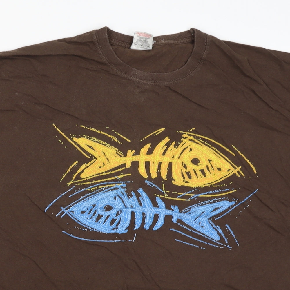 Fruit of the Loom Mens Brown    T-Shirt Size XL  - Fish bones
