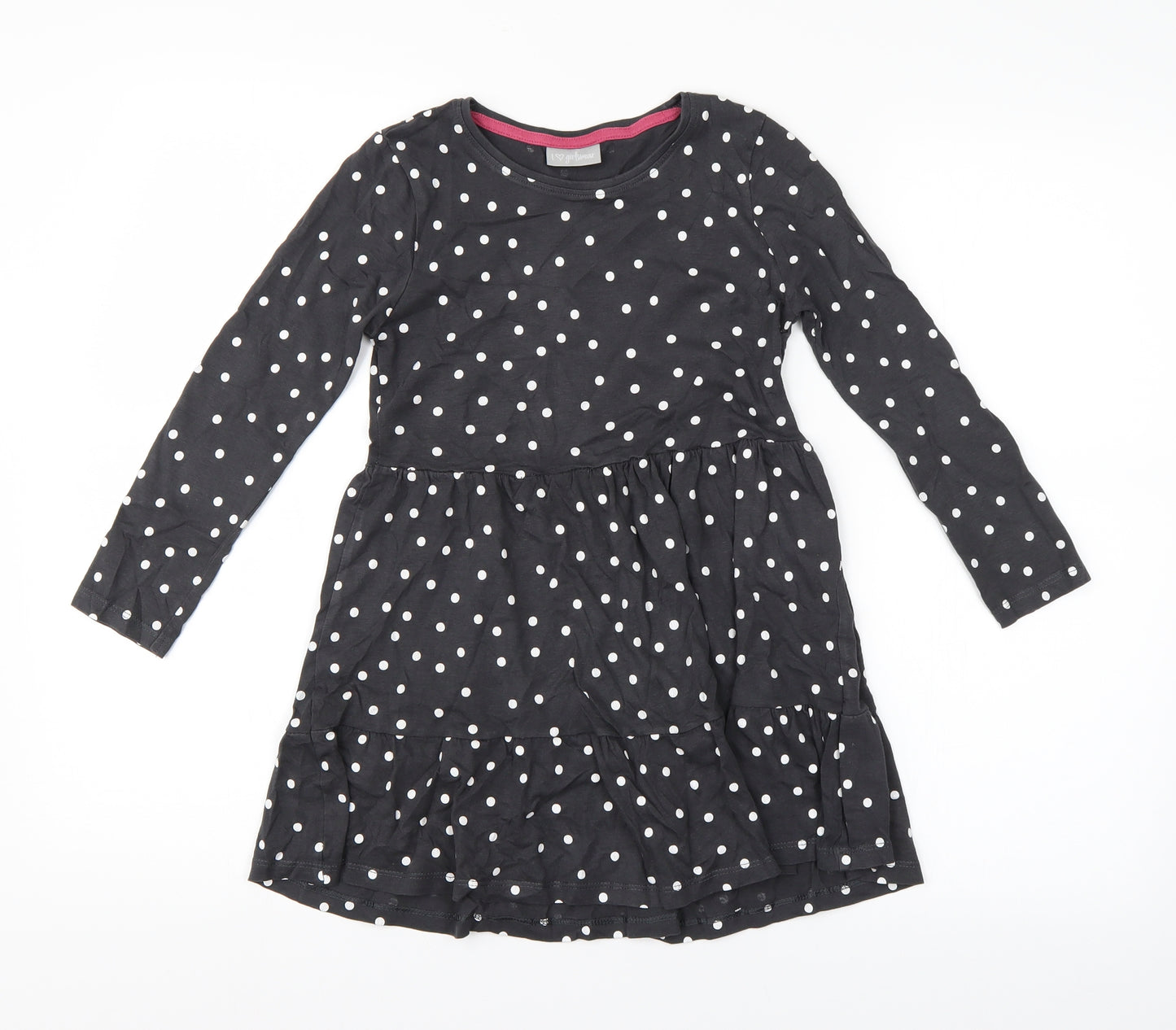 Preworn Girls Black Polka Dot  T-Shirt Dress  Size 7 Years