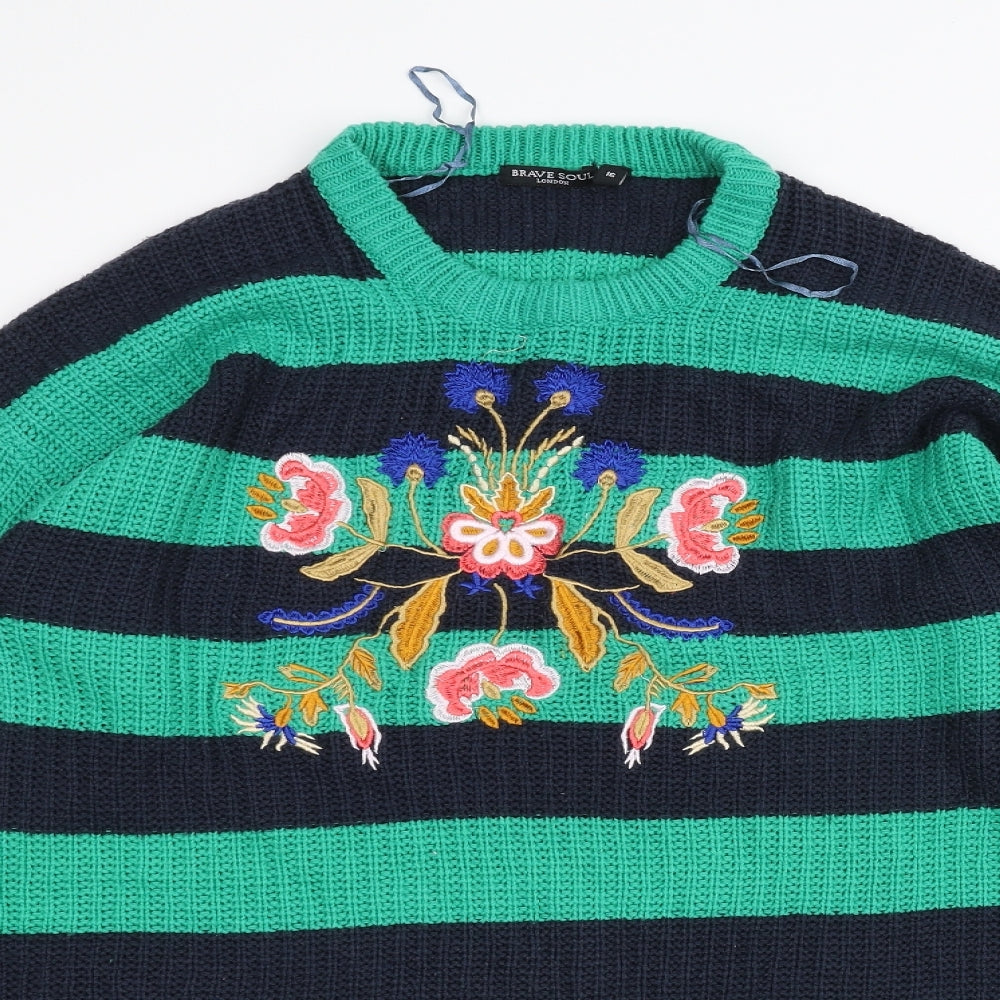 Brave Soul Womens Green Striped  Pullover Jumper Size 16