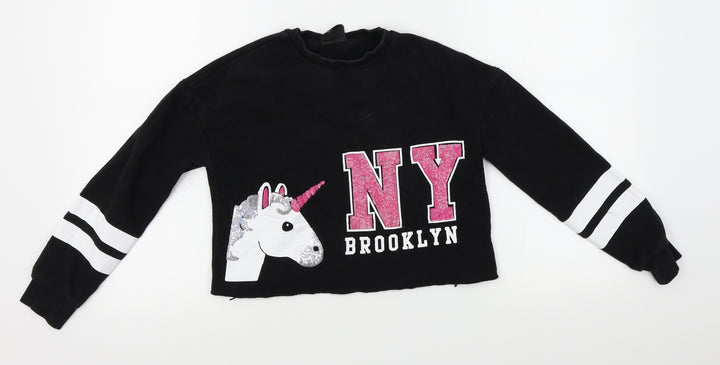 Preworn Girls Black Pullover Sweatshirt Size 10-11 Years - cropped, unicorns