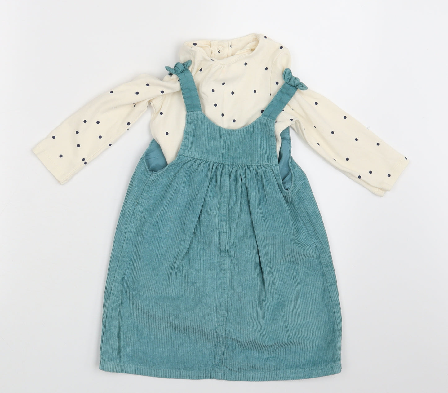 M&S Girls Green Polka Dot Corduroy Pinafore/Dungaree Dress  Size 18-24 Months