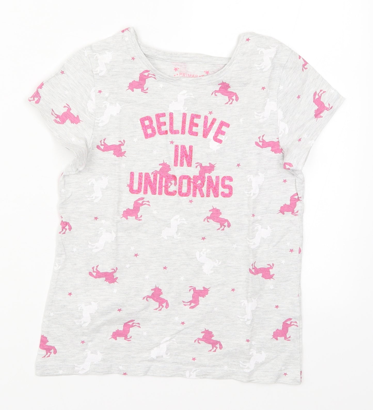 Primark Girls Grey   Basic T-Shirt Size 8-9 Years  - Believe in Unicorns