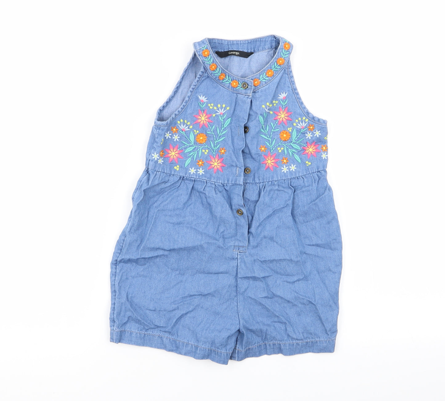 Asda George Girls Blue Floral  Playsuit One-Piece Size 3-4 Years