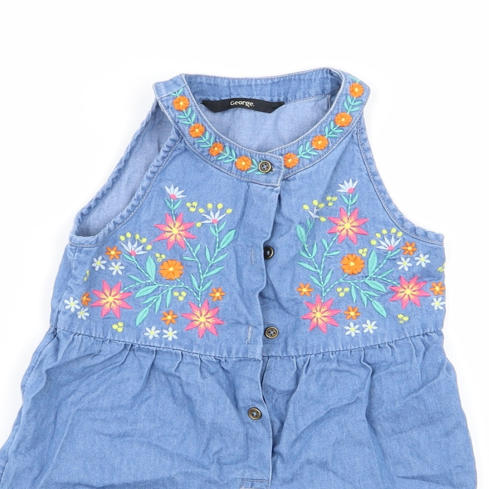 Asda George Girls Blue Floral  Playsuit One-Piece Size 3-4 Years