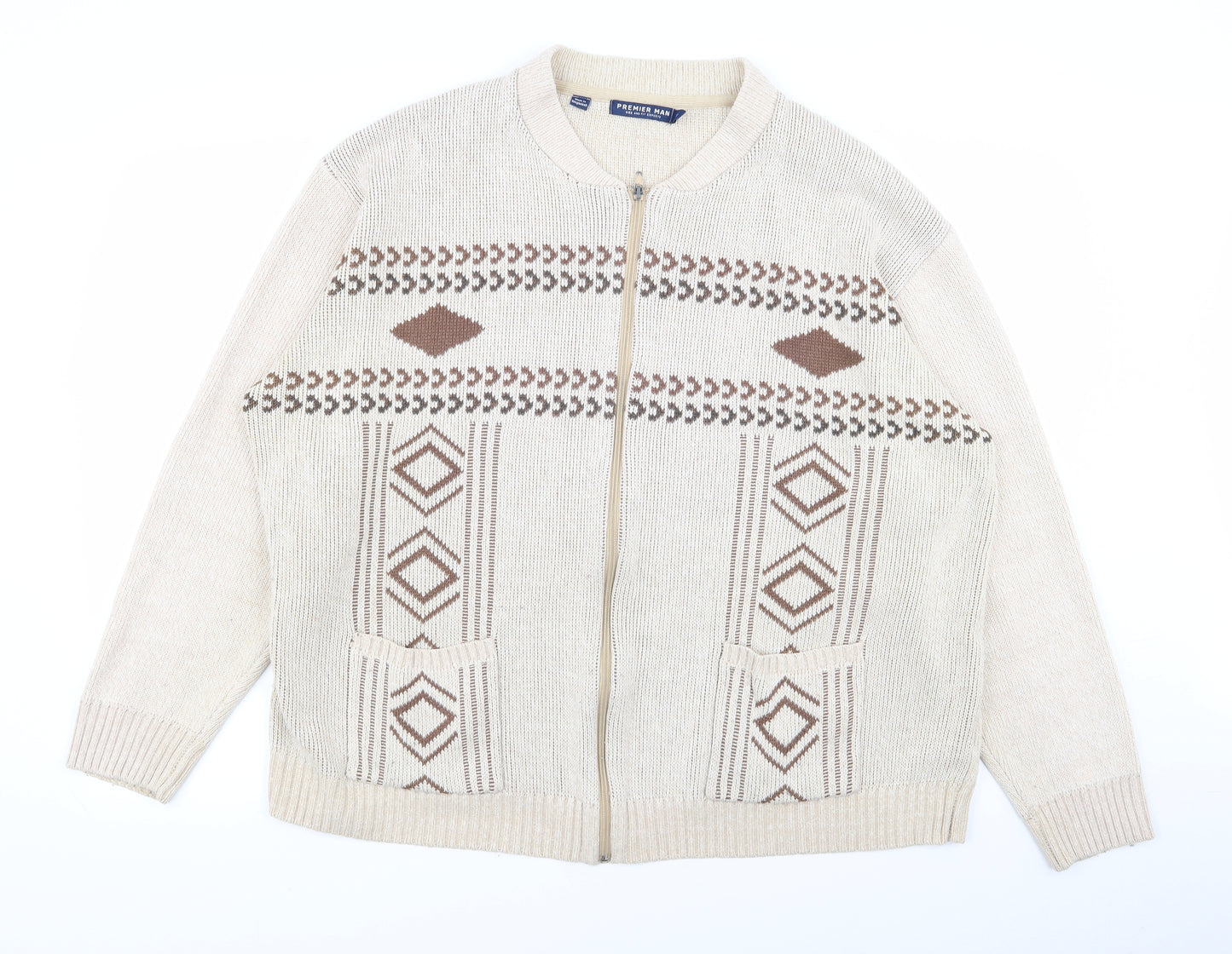 premier man Mens Beige Geometric  Full Zip Jumper Size XL