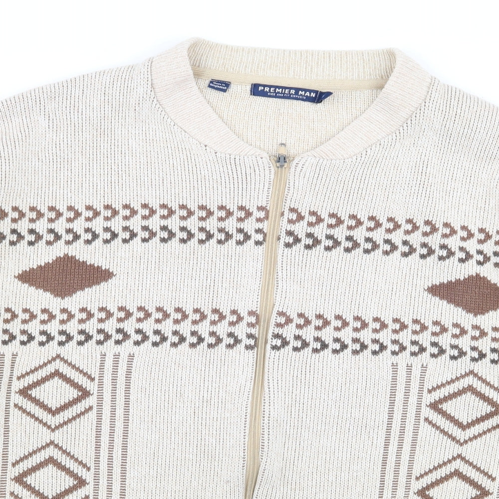 premier man Mens Beige Geometric  Full Zip Jumper Size XL