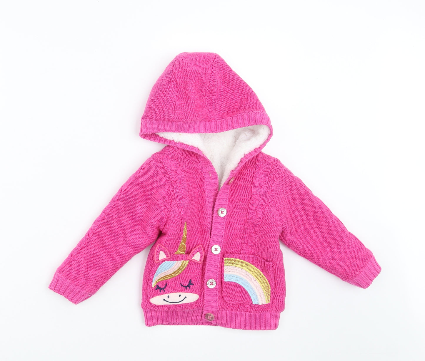 Nutmeg Girls Pink  Knit Cardigan Jumper Size 12-18 Months  - hooded fleece lined