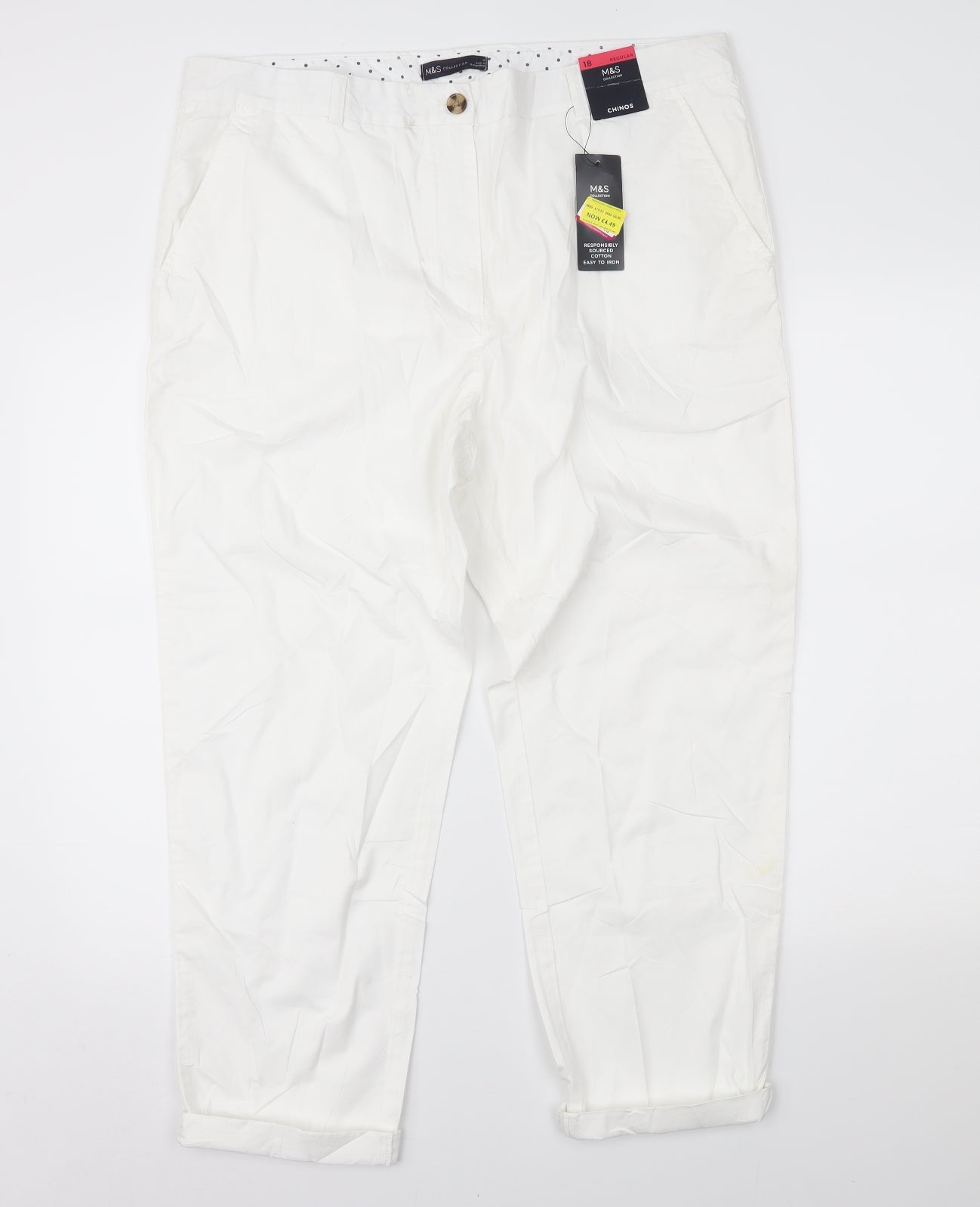 Marks and Spencer Womens White   Chino Trousers Size 18 L24 in