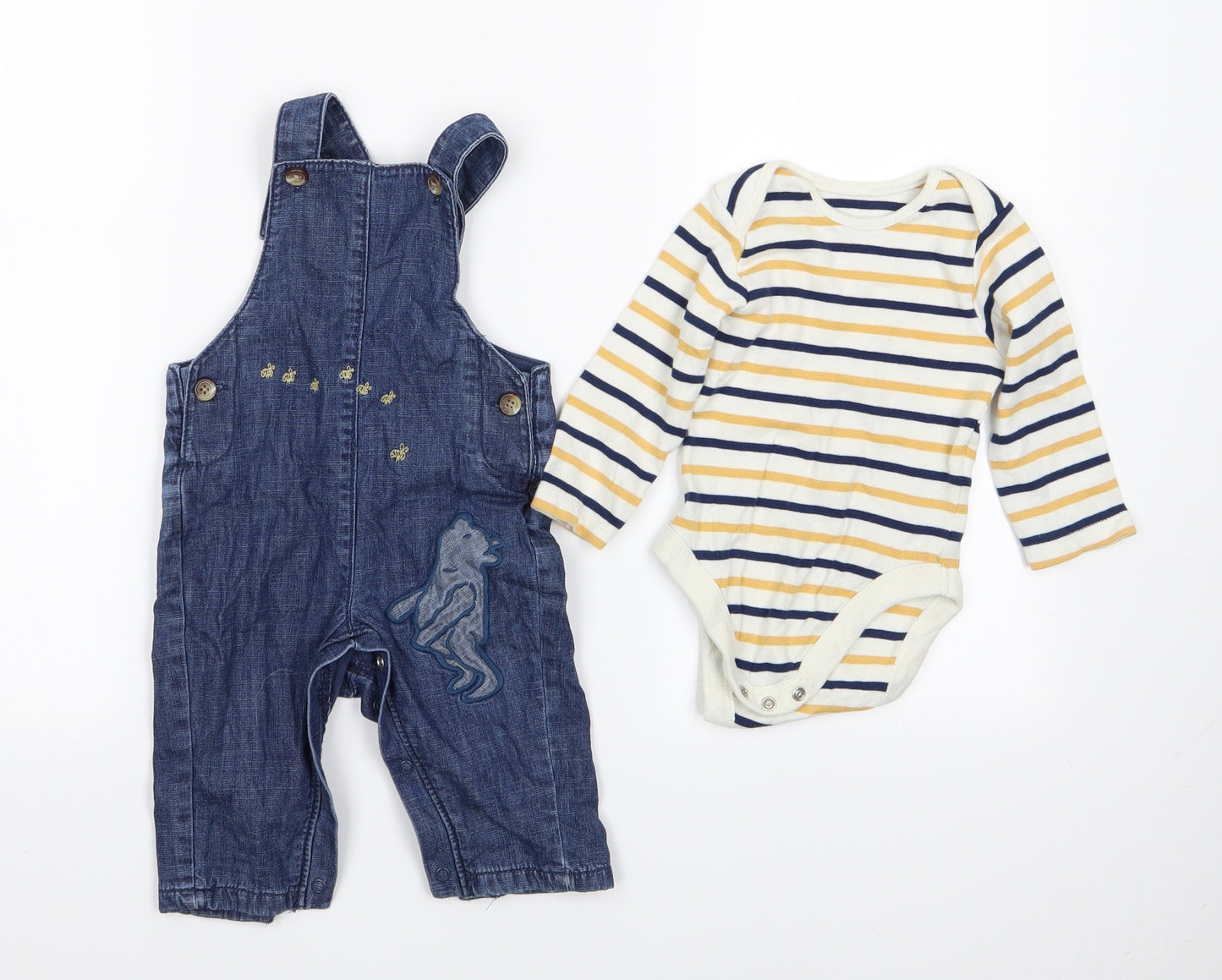 Marks and Spencer Boys Blue Striped  Dungaree Outfit/Set Size 6-9 Months  - Dungaree and Top Set toddler