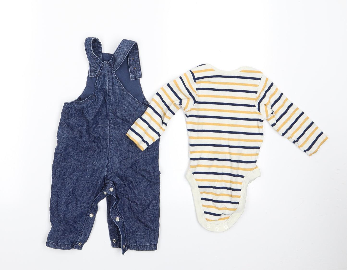 Marks and Spencer Boys Blue Striped  Dungaree Outfit/Set Size 6-9 Months  - Dungaree and Top Set toddler